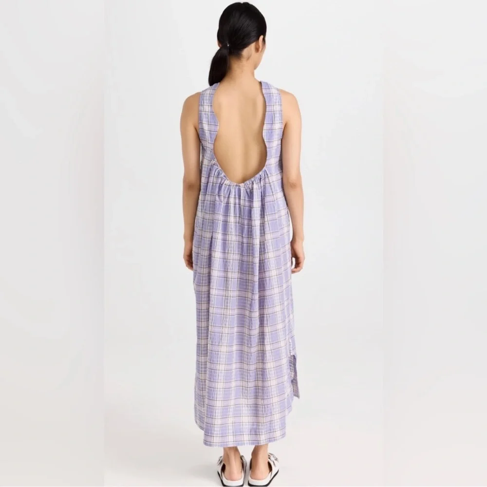 GANNI Seersucker Check Maxi Dress In Check Persian Violet, Size 36 - Picture 3 of 9